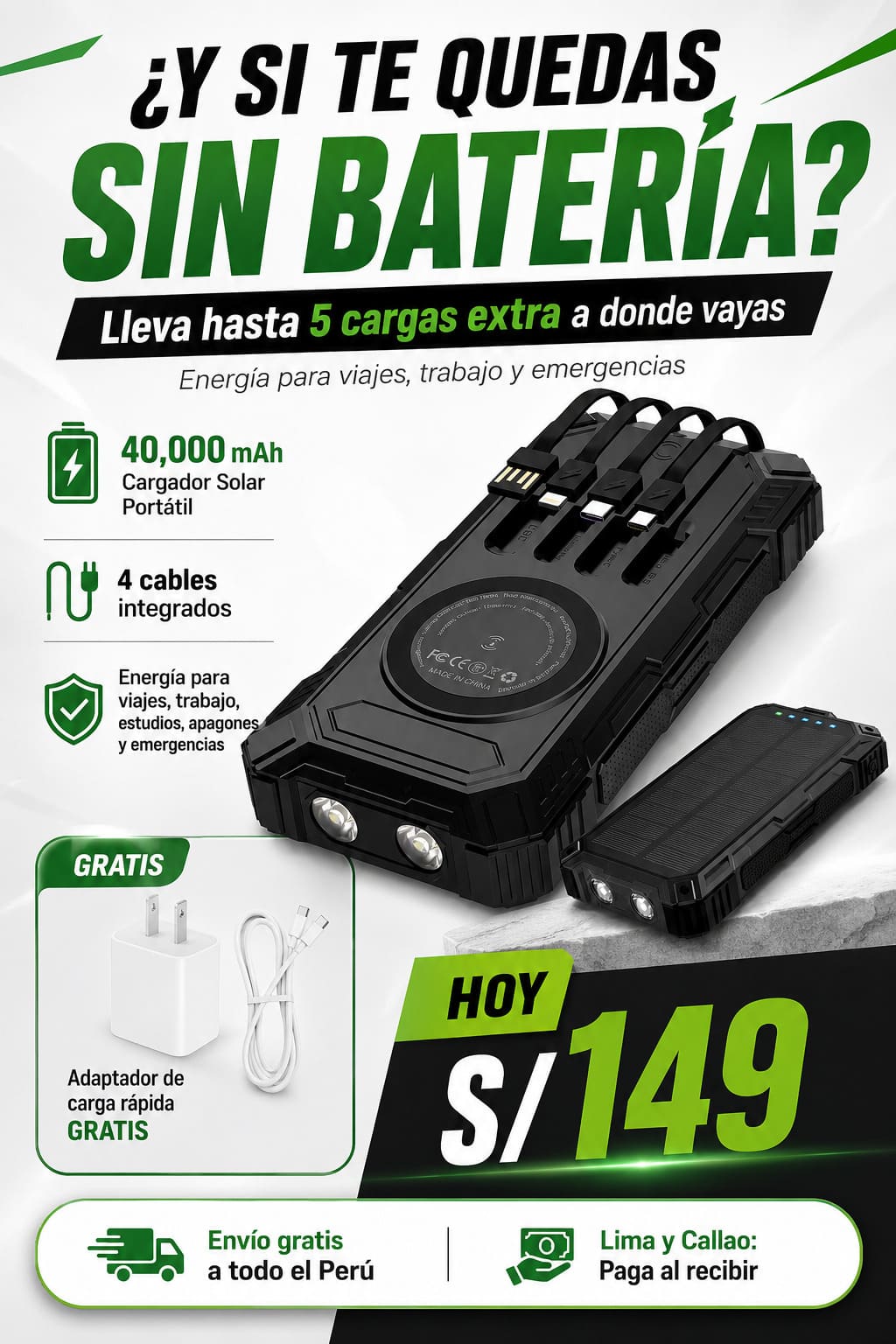 Cargador Solar Portátil 40000mAh y Adaptador de Carga Super Rápida
