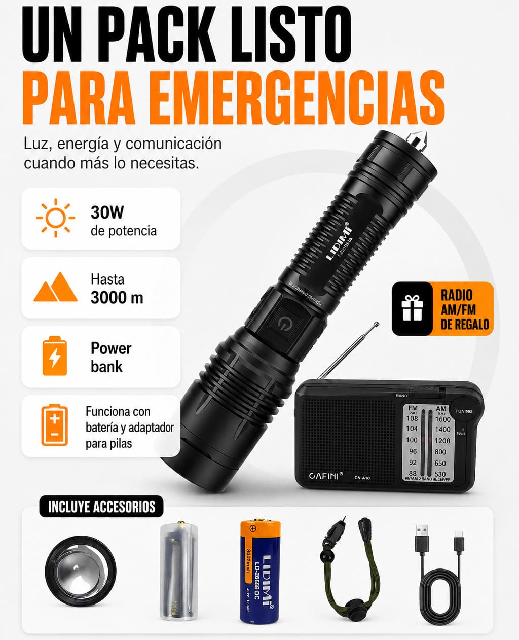 Linterna Multifuncional + Radio AM FM